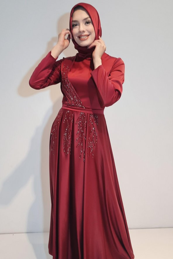 Tuana Abiye Uzun Saten Kumaş Tesettür Abiye 17990 Bordo - 1