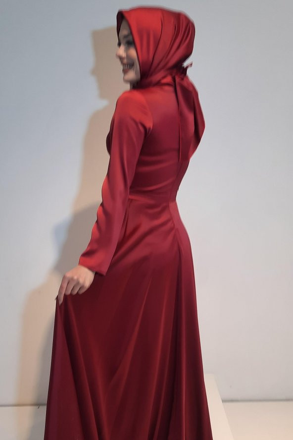 Tuana Abiye Uzun Saten Kumaş Tesettür Abiye 17990 Bordo - 2