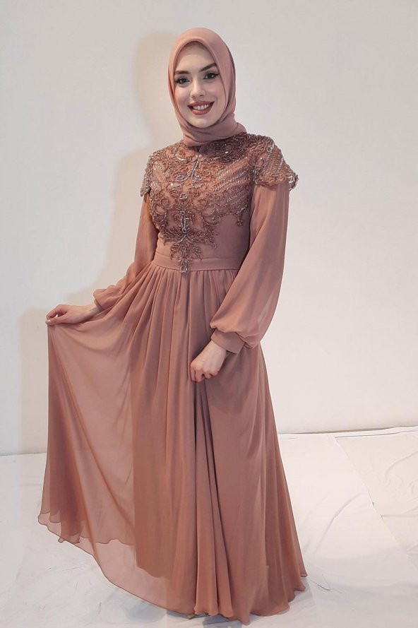 Tuana Uzun Şifon Kumaş Tesettür Abiye 17290 Taba
