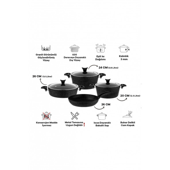 TAÇ 3455 Master Cook 7 Parça Granit Tencere Seti Siyah - 3
