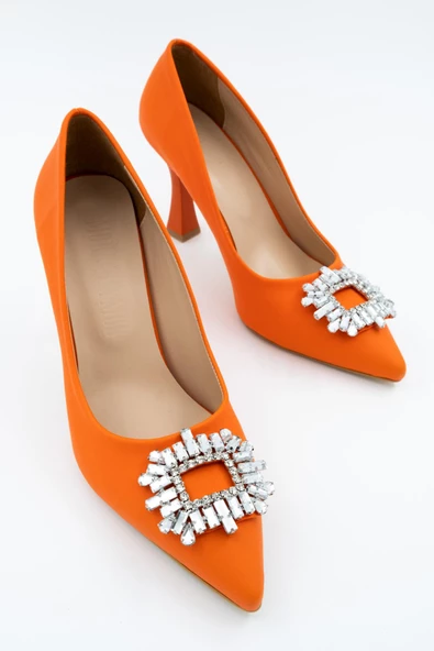 Anjelik Turuncu Saten Taşlı Stiletto Kadeh Topuklu Ayakkabı - 4
