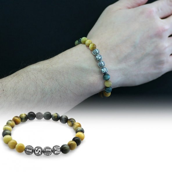 Nipora Çok Renkli Kaplangözü Metal Kombinli Kişiye Özel İsim Yazılı Küre Kesim Doğaltaş Bileklik - Resim 2