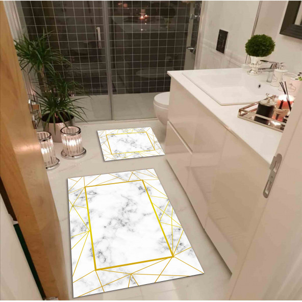 Liva Home Gold Çizgili Mermer Desenli Dijital Baskılı Banyo Paspas Takımı
