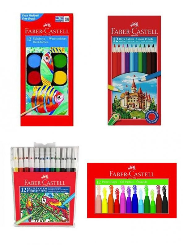 FABER 12 Lİ SULU BOYA + KURU KALEM BOYA + PASTEL BOYA + KEÇELİ KALEM