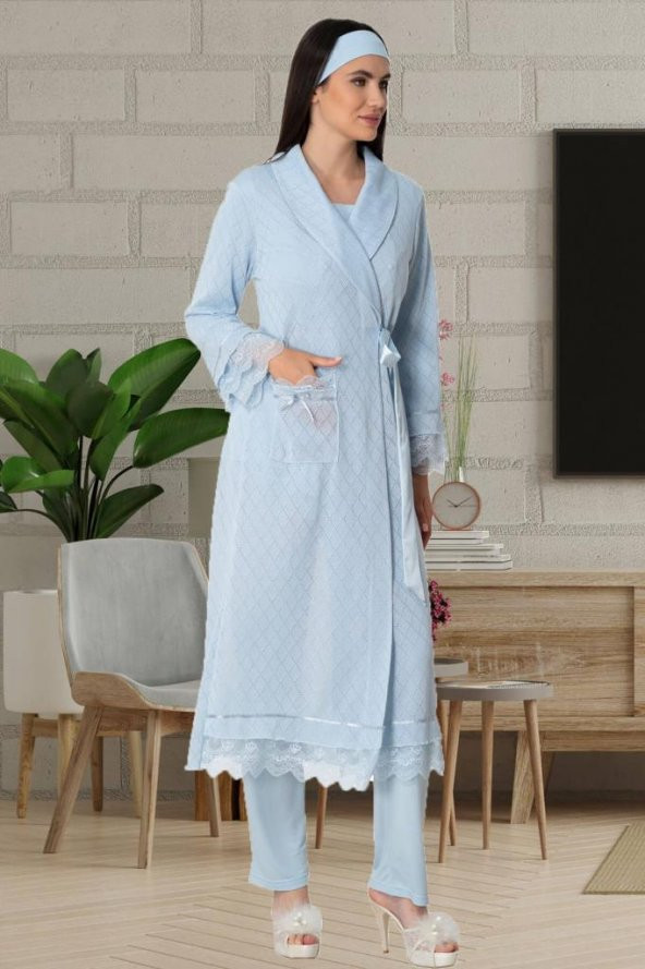 Mecit 5569 Mavi Triko Sabahlıklı Lohusa Pijama Takımı