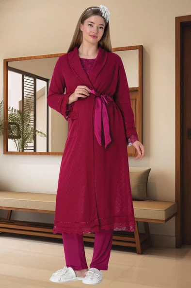 Mecit 5569 Fuşya Triko Sabahlıklı Lohusa Pijama Takımı - 4