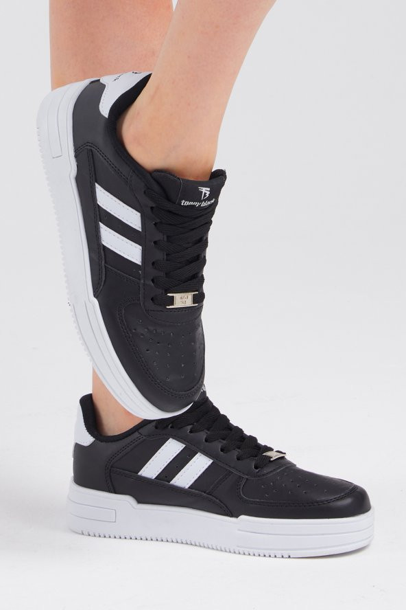 Unisex Siyah Beyaz Yanı Çizgili Bağcıklı Rahat Kalıp Sneaker