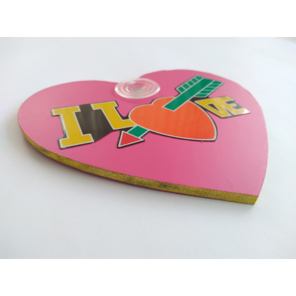 DEKOR PLAKA PEMBE - I LOVE (16x14,5cm) vantuzlu Pleksi Dekor Levha PEMBE PLAKA - Resim 3