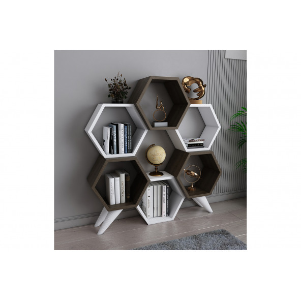 EVDEKİMODA HEXAGON KİTAPLIK (CEVİZ-BEYAZ)