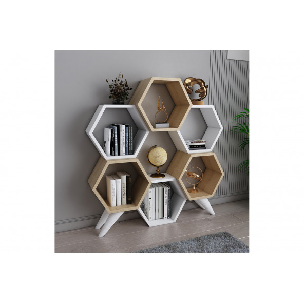 EVDEKİMODA HEXAGON KİTAPLIK (SAFİR-BEYAZ)