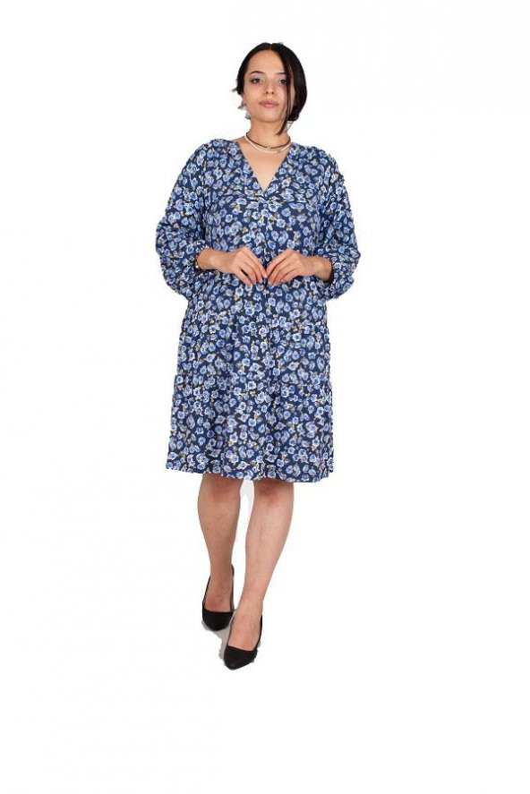 Truva Xxl Büyük Beden Kadın Giyim V Yaka Elbise Mavi Elb311