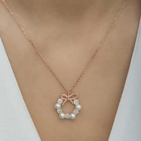 925 Ayar Gümüş İnci Kurdele Kadın Gümüş Kolye - Resim 4