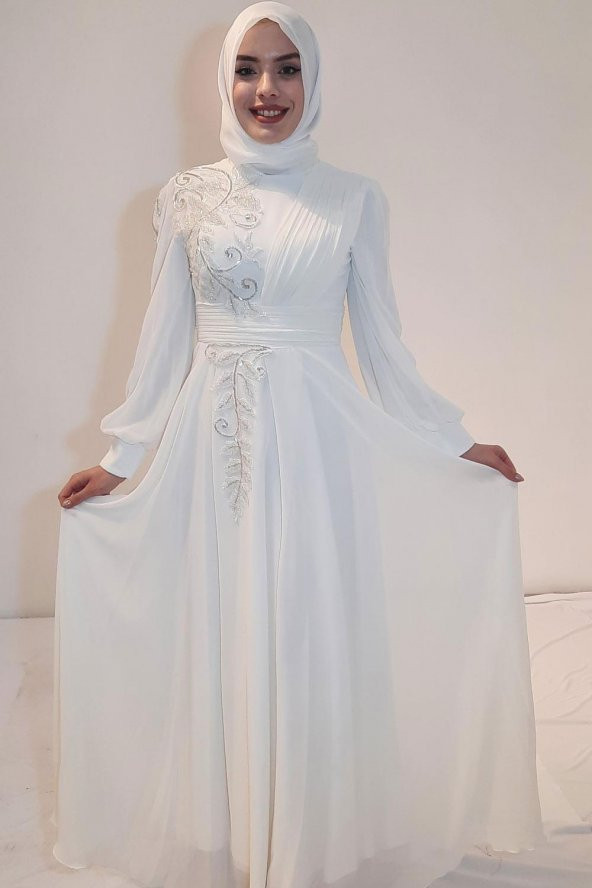 Tuana Uzun Şifon Kumaş Tesettür Abiye 17425 Krem