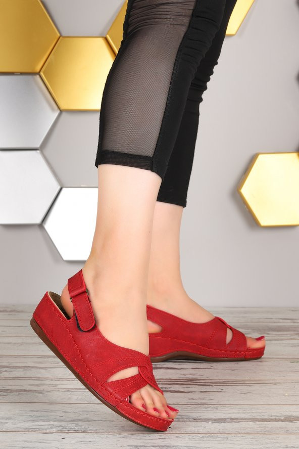 Woggo Günlük 5 Cm Topuklu Jel Kadın Sandalet Ary 09-192 Kırmızı