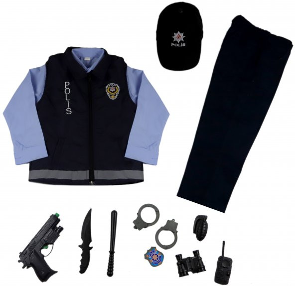 Unisex Çocuk Lacivert Yelekli Mavi Polis Kostümü Yelekli Polis Üniforması Kıyafeti