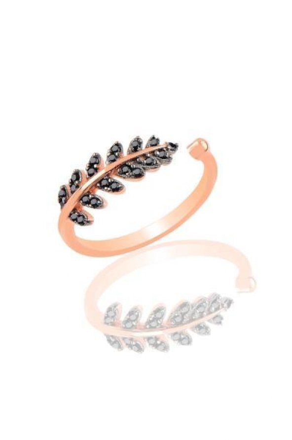 Gümüş rose onix taşlı ayarlamalı yaprak yüzük ürün görseli