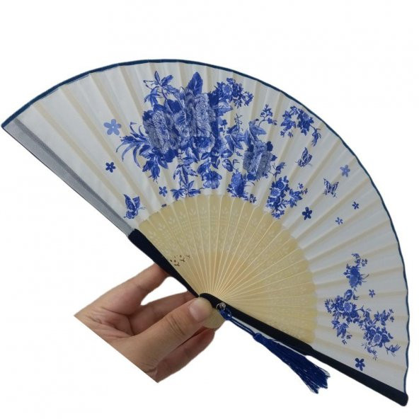 Bambu İpek Kumaş Yelpaze Japon Tasarım Çiçek ve Kelebek Desenli Çanta Boy - 2