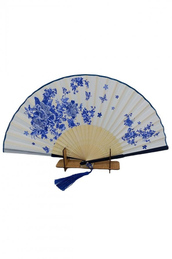 Bambu İpek Kumaş Yelpaze Japon Tasarım Çiçek ve Kelebek Desenli Çanta Boy - 6
