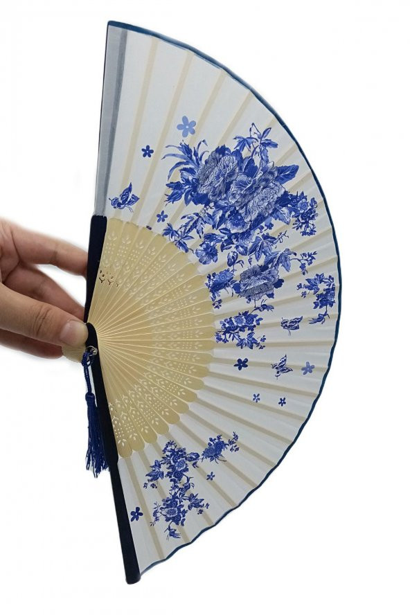 Bambu İpek Kumaş Yelpaze Japon Tasarım Çiçek ve Kelebek Desenli Çanta Boy - 7