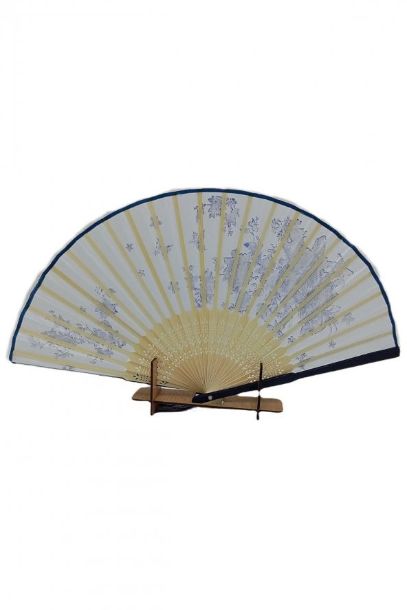 Bambu İpek Kumaş Yelpaze Japon Tasarım Çiçek ve Kelebek Desenli Çanta Boy - 8