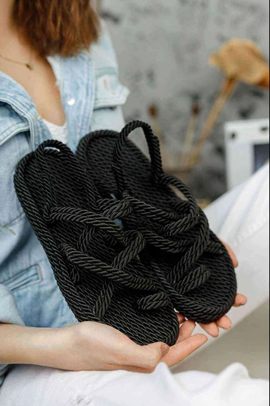 Hasır Halat Kadın Sandalet Siyah - Resim 3