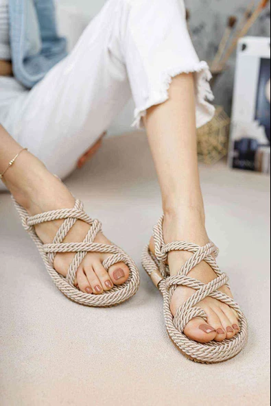 Hasır Halat Kadın Sandalet Krem - Resim 3