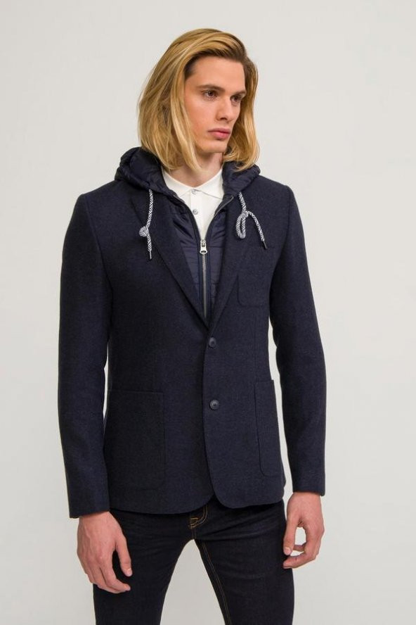 CEKMON Erkek İçi Kapitoneli Kapüşonlu Dışı Yün Rahat Spor Blazer Ceket - 2