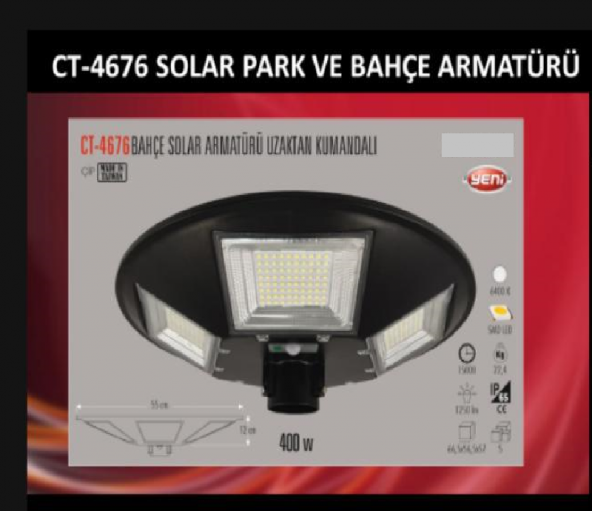 CATA CT-4676 Solar Sokak Bahçe Park Aydınlatma Sensörlü Uzaktan K