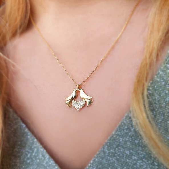 Çifte Kumrular 925 Gümüş Kadın Kalp Kolye - Resim 2