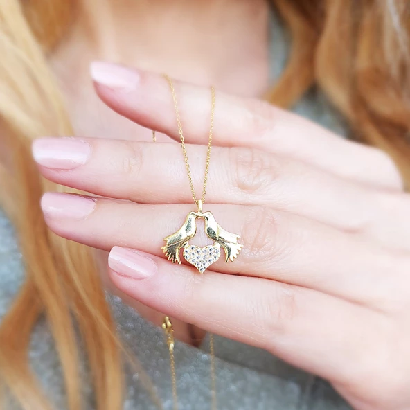 Çifte Kumrular 925 Gümüş Kadın Kalp Kolye - Resim 3