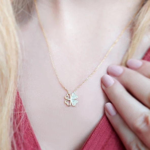 Kadın Gümüş Taşlı Yonca Kolye - Resim 3