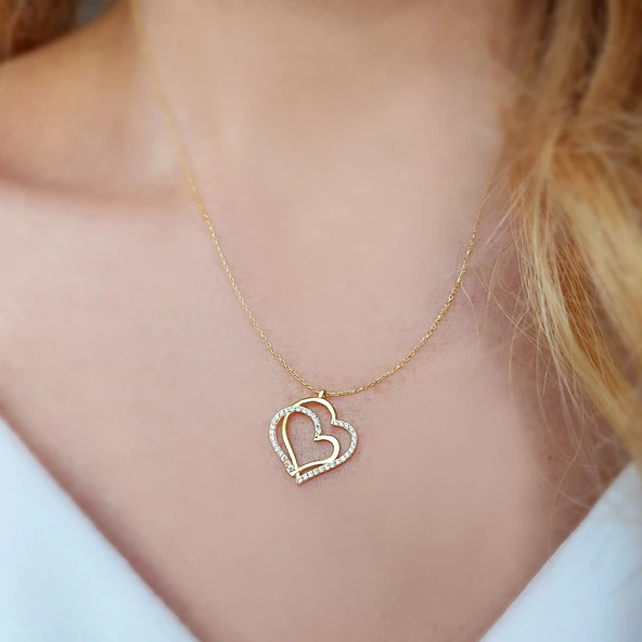 925 Ayar Gümüş İki Kalp Kolye - Resim 3