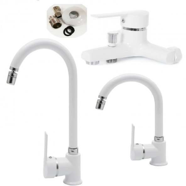 Beyaz Mat 3 Lü Set Batarya Oynar Başlıklı Perletörlü Banyo,Kuğu Lavabo,Evye