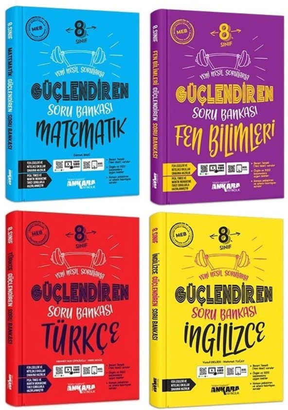Ankara 2025 8. Sınıf Matematik + Türkçe + Fen + İngilizce Güçlendiren Soru Seti 4 Kitap