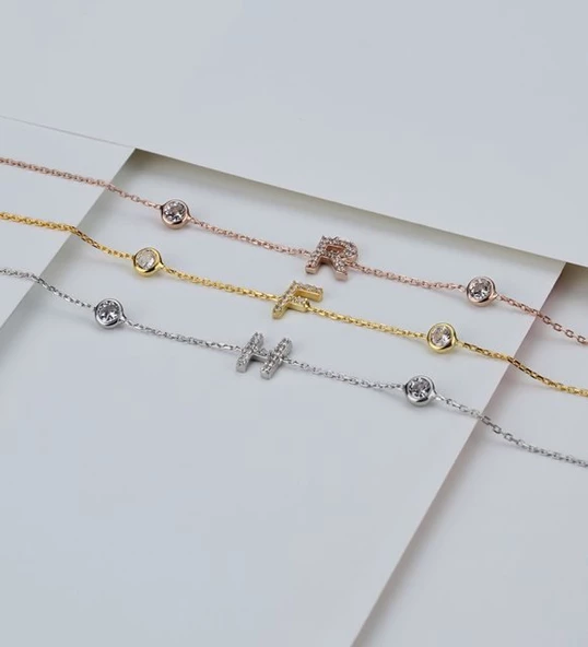 Vaoov 925 Ayar Gümüş Harfli Tektaşlı Bileklik - Resim 4