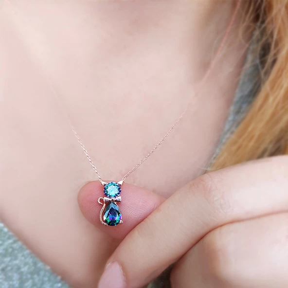 925 Ayar Gümüş Mistik Taşlı Kedi Kolye ürün görseli