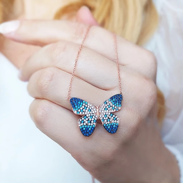 925 Ayar Mavi Taşlı Kelebek Kolye Kadın Gümüş Kolye - Resim 5