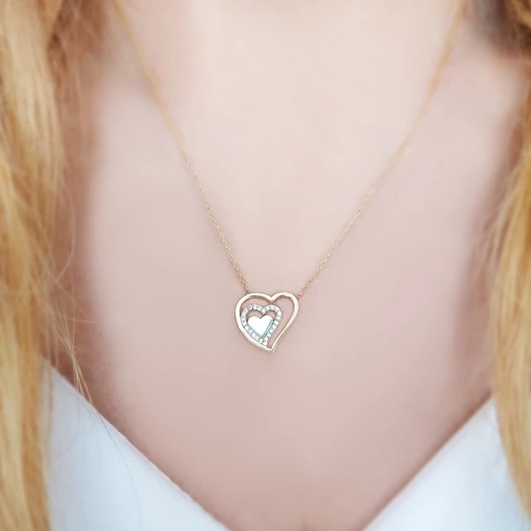 925 Ayar Gümüş Taşlı Üç Kalp Kolye - Resim 3