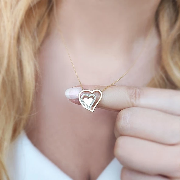 925 Ayar Gümüş Taşlı Üç Kalp Kolye - Resim 2