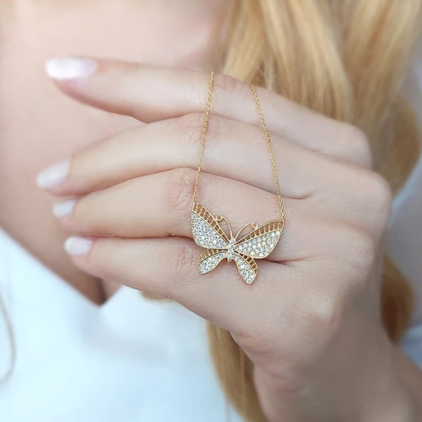 925 Ayar Gümüş Kadın Taşlı Kelebek Kolye - Resim 4