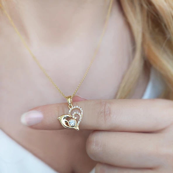 925 Ayar Gümüş Yunus Balığı Kalp Kolye - Resim 3