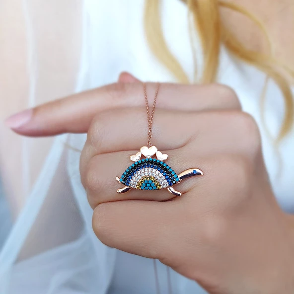 925 Ayar Gümüş Nazarlı Kaplumbağa Kolye - Resim 2