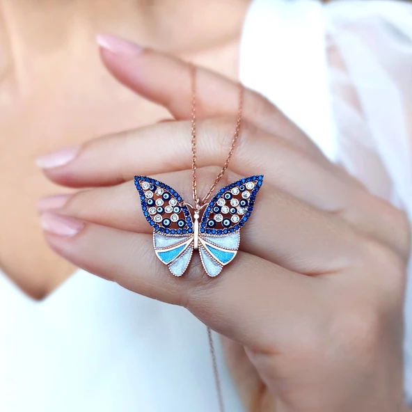 925 Ayar Gümüş Mineli Nazar Kelebek Kolye ürün görseli