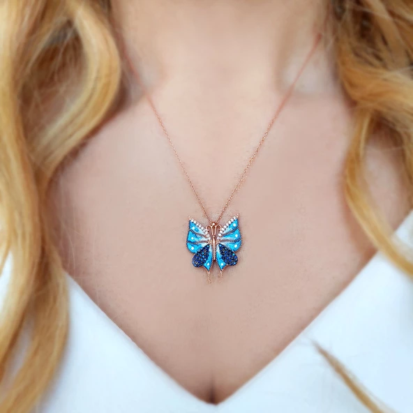 925 Ayar Gümüş Mineli Mavi Kelebek Kolye - Resim 2