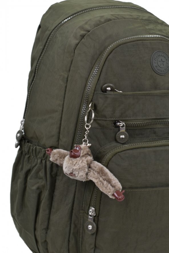 Elatae Su Geçirmez Krinkıl Kumaş Ortopedik Çok Gözlü Okul Sırt Çantası Haki - Resim 5