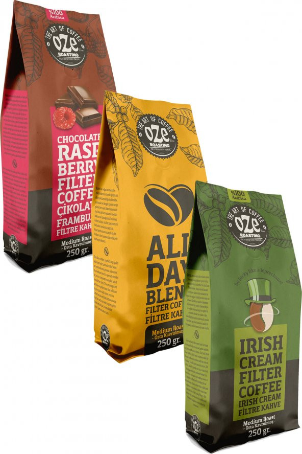 Aromalı Filtre Kahve Tanışma Seti Irish Cream, All Day Blend, Çikolata Frambuaz 3'lü 250G