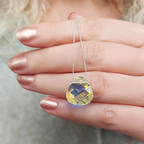 925 Ayar Gümüş Damla Swarovski Taşlı Kolye - Resim 3