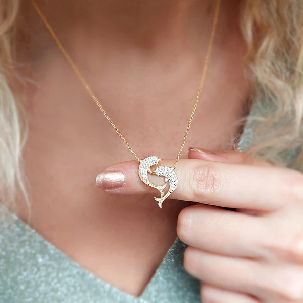 925 Ayar Gümüş Kadın Yunus Balığı Kolye - Resim 4