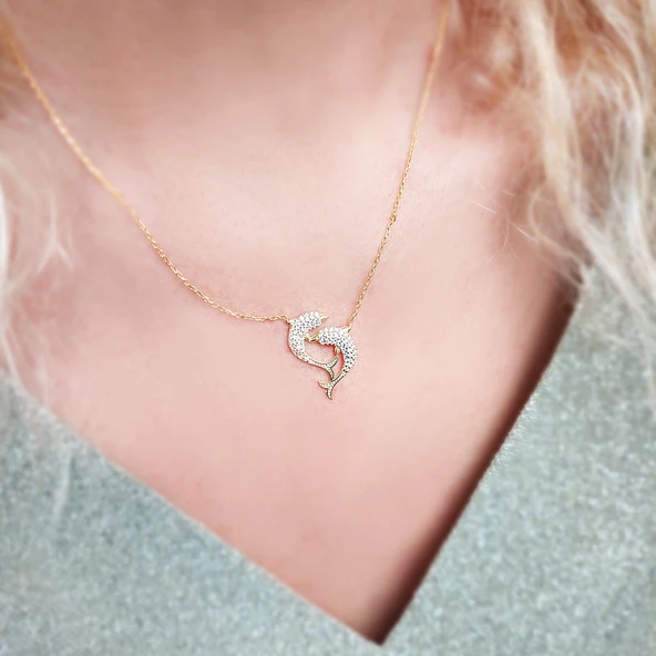 925 Ayar Gümüş Kadın Yunus Balığı Kolye - Resim 2