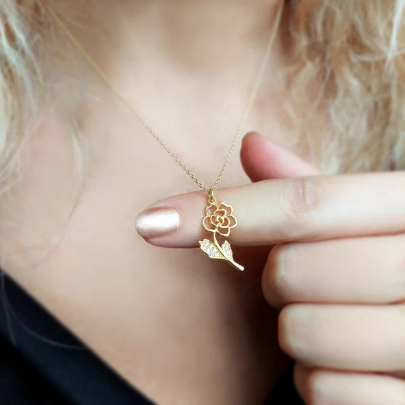 Kadın 925 Ayar Gümüş Gül Kolye - Resim 3